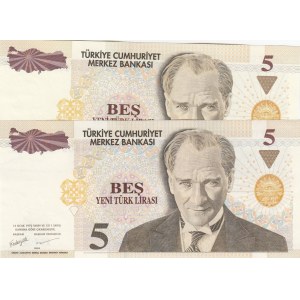 Turkey, 5 New Turkish Lİra, 2005, UNC, 8/1. Emission, p217, DIFFERENT WATERMARK, (Total 2 banknotes)