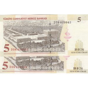 Turkey, 5 New Turkish Lİra, 2005, UNC, 8/1. Emission, p217, DIFFERENT WATERMARK, (Total 2 banknotes)