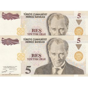 Turkey, 5 New Turkish Lİra, 2005, UNC, 8/1. Emission, p217, DIFFERENT WATERMARK, (Total 2 banknotes)