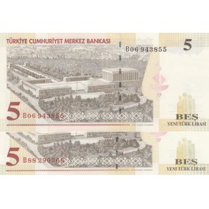 Turkey, 5 New Turkish Lİra, 2005, UNC, 8/1. Emission, p217, DIFFERENT WATERMARK, (Total 2 banknotes)