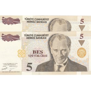 Turkey, 5 New Turkish Lira, 2005, UNC, 8/1. Emission, p217, B90 last prefix, (Total 2 banknotes)