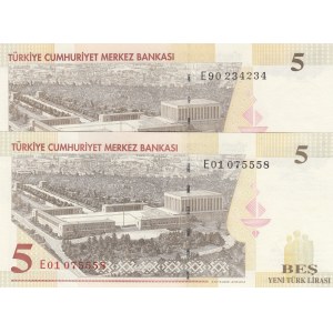 Turkey, 5 New Turkish Lira, 2005, UNC, 8/1. Emission, p217, E01 first prefix and E90 last prefix, (Total 2 banknotes)