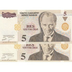 Turkey, 5 New Turkish Lira, 2005, UNC, 8/1. Emission, p217, E01 first prefix and E90 last prefix, (Total 2 banknotes)