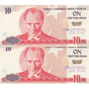 Turkey, 10 New Turkish Lira, 2005, UNC, 8/1. Emission, p218, (Total 2 banknotes)