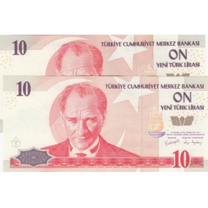 Turkey, 10 New Turkish Lİra, 2005, UNC, 8/1. Emission, p218, DIFFERENT WATERMARK, (Total 2 banknotes)