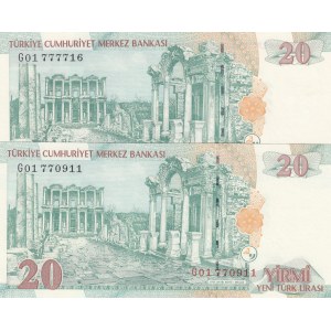 Turkey, 20 New Turkish Lira, 2005, UNC, 8/1. Emission, G01 Different Watermark set, (Total 2 banknotes)