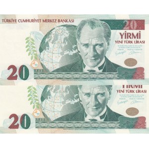 Turkey, 20 New Turkish Lira, 2005, UNC, 8/1. Emission, G01 Different Watermark set, (Total 2 banknotes)