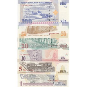 Turkey, 1 New Turkish Lira, 5 New Turkish Lira, 10 New Turkish Lira, 20 New Turkish Lira, 50 New Turkish Lira and 100 New Turkish Lira, 2005, UNC, p216 …p221, (Total 6 banknotes)