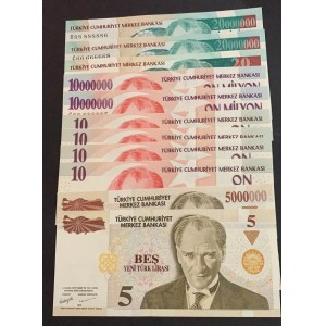 Türkiye, 5 New Turkish Lira, 10 New Turkish Lira (4), 20 New Turkish Lira, 5.000.000 Lira, 10.000.000 Lira (2) and 20.000.000 Lira (2), 2001/2005, UNC, 7. and 8. Emission 6 DIGIT RADAR, (Total 11 banknotes