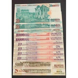 Türkiye, 5 New Turkish Lira, 10 New Turkish Lira (4), 20 New Turkish Lira, 5.000.000 Lira, 10.000.000 Lira (2) and 20.000.000 Lira (2), 2001/2005, UNC, 7. and 8. Emission 6 DIGIT RADAR, (Total 11 banknotes
