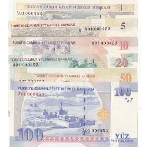 Turkey, 1 New Turkish Lira, 5 New Turkish Lira, 10 New Turkish Lira, 20 New Turkish Lira, 50 New Turkish Lira and 100 New Turkish Lira, 2005, UNC, p216 …p221, (Total 6 banknotes)