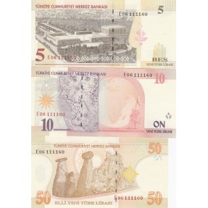 Turkey, 5 New Turkish Lira, 10 Turkish Lira and 50 Turkish Lira, 2005, UNC, 8. Emission, p217, p218, p220, (Total 3 banknotes)