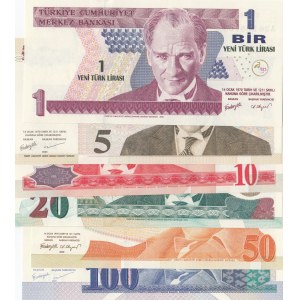 Turkey, 1 New Turkish Lira, 5 New Turkish Lira, 10 New Turkish Lira, 20 New Turkish Lira, 50 New Turkish Lira and 100 New Turkish Lira, 2005, UNC, p216 …p221, (Total 6 banknotes)