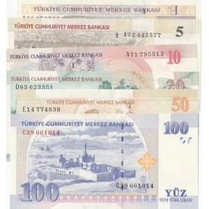 Turkey, 1 New Turkish Lira, 5 New Turkish Lira, 10 New Turkish Lira, 20 New Turkish Lira, 50 New Turkish Lira and 100 New Turkish Lira, 2005, UNC, p216 …p221, (Total 6 banknotes)