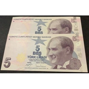 Turkey, 5 Lira, 2017, UNC, 9/3. Emission, p222c, C001 first prefix and nice numbers, (Total 2 banknotes)