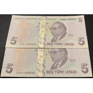 Turkey, 5 Lira, 2017, UNC, 9/3. Emission, p222c, C001 first prefix and nice numbers, (Total 2 banknotes)