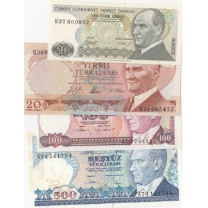 Turkey, 10 Lira, 20 Lira, 100 Lira ve 500 Lira, 1966/1983, AUNC/UNC, (Total 4 banknotes)
