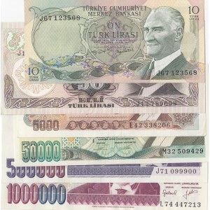 Turkey, 10 Lira, 50 Lira, 5.000 Lira, 50.000 Lira, 500.000 Lira and 1.000.000 Lira, 1966/2002, AUNC / AUNC (+), 6. and 7. Emission, (Total p banknotes)