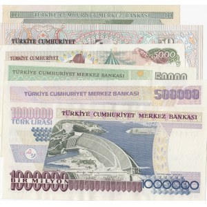 Turkey, 10 Lira, 50 Lira, 5.000 Lira, 50.000 Lira, 500.000 Lira and 1.000.000 Lira, 1966/2002, AUNC / AUNC (+), 6. and 7. Emission, (Total p banknotes)