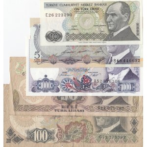 Turkey, 5 Lira, 10 Lira, 50 Lira, 100 Lira and 1.000 Lira, POOR / UNC, (Total 5 banknotes)