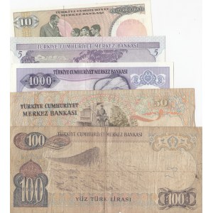 Turkey, 5 Lira, 10 Lira, 50 Lira, 100 Lira and 1.000 Lira, POOR / UNC, (Total 5 banknotes)