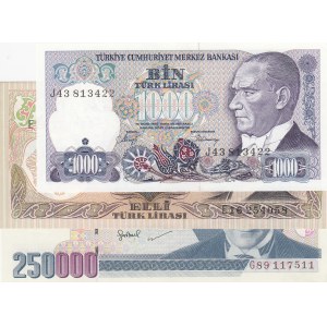 Turkey, 50 Liras, 1000 Liras, 250000 Liras, UNC, (Total 3 banknotes)
