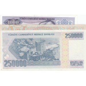 Turkey, 50 Liras, 1000 Liras, 250000 Liras, UNC, (Total 3 banknotes)