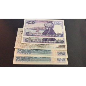 Turkey, 50 Liras, 1000 Liras (2), 250000 Liras (2), UNC, (Total 5 banknotes)