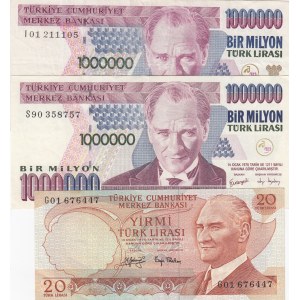 Turkey, 20 Lira and 1.000.000 Lira (2), 1979/2002, VF/XF, 6. and 7. Emission, p187, p209c, (Total 3 banknotes)