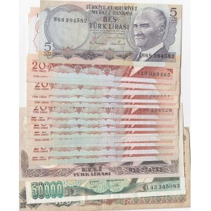 Turkey 5 Lira, 20 Lira (15), 50 Lira, 100 Lira, 50.000 Lira, VF/AUNC, 6. and 7. Emission lot, (Total 19 banknotes)
