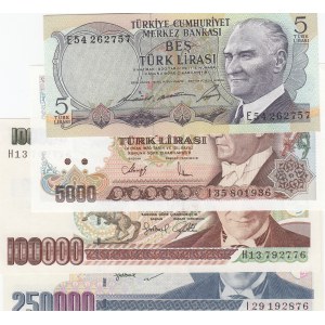Turkey, 5 Lira, 5.000 Lira, 100.000 Lira and 250.000 Lira, UNC, 6. and 7. Emission, (Total 4 banknotes)