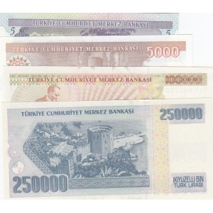 Turkey, 5 Lira, 5.000 Lira, 100.000 Lira and 250.000 Lira, UNC, 6. and 7. Emission, (Total 4 banknotes)