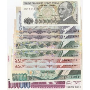 Turkey, 5 Lira (2), 10 Lira (3), 20 Lira (2), 50.000 Lira and 1.000.000 Lira, AUNC/UNC, 6. and 7. Emission, (Total 9 banknotes)