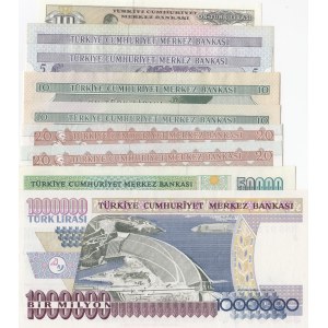 Turkey, 5 Lira (2), 10 Lira (3), 20 Lira (2), 50.000 Lira and 1.000.000 Lira, AUNC/UNC, 6. and 7. Emission, (Total 9 banknotes)