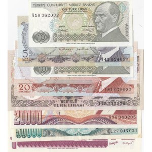 Turkey, 5 Lira, 10 Lira (2), 20 Lira, 50 Lira, 20.000 Lira, 50.000 Lira and 1 New Turkish Lira, AUNC / UNC, 6. 7. and 8. Emission banknotes, (Total 8 banknotes)