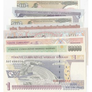 Turkey, 5 Lira, 10 Lira (2), 20 Lira, 50 Lira, 20.000 Lira, 50.000 Lira and 1 New Turkish Lira, AUNC / UNC, 6. 7. and 8. Emission banknotes, (Total 8 banknotes)