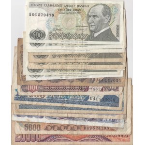 Turkey, 5 Lira, 10 Lira (9), 100 Lira (3), 500 Lira (2), 1.000 Lira (2), 5.000 Lira, 20.000 Lira and 50.000 Lira, POOR / VF, (Total 20  banknotes)