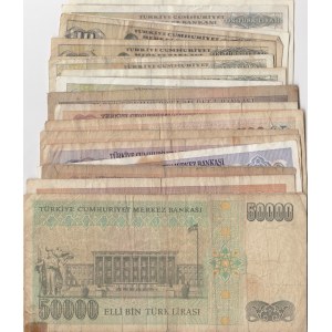Turkey, 5 Lira, 10 Lira (9), 100 Lira (3), 500 Lira (2), 1.000 Lira (2), 5.000 Lira, 20.000 Lira and 50.000 Lira, POOR / VF, (Total 20  banknotes)