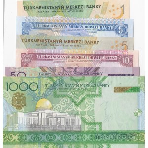 Turkmenistan, 1 Manat, 5 Manat (2), 10 Manat, 50 Manat and 1.000 Manat, 1993/2017, UNC, (Total 6 banknotes)
