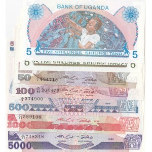 Uganda, 5 Shilings (2), 50 Shilings, 100 Shilings, 500 Shilings, 1000 Shilings and 5000 Shilings, 1986, UNC, (Total 7 banknotes)