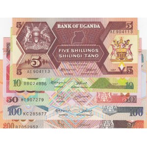 Uganda, 5 Shilings, 10 Shilings, 50 Shilings, 100 Shilings and 200 Shilings, 1987/1997, UNC, (Total 5 banknotes)