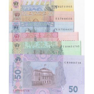Ukraine, 1 Hryvnia, 2 Hryven, 5 Hryven, 10 Hryven, 20 Hryven and 50 Hryven, 2011/2015, UNC, p116A, p117c, 118c, p119Ad, 121e, (Total 6 banknotes)
