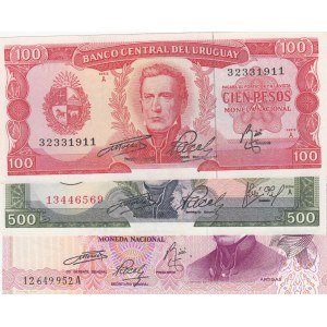 Uruguay, 100 Pesos, 500 Pesos and 1.000 Pesos, 1967/1975, UNC, p47a, p54, p52, (Total 3 banknotes)