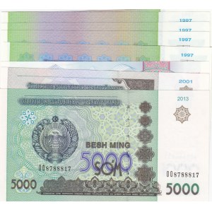 Uzbekistan, 200 Sum (5), 500 Sum, 1000 Sum and 5000 Sum, 1997/2013, UNC, (Total 8 banknotes)