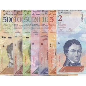 Venezuela, 2 Bolivares, 5 Bolivares, 10 Bolivares, 20 Bolivares, 50 Bolivares, 100 Bolivares, 200 Bolivares and 500 Bolivares, 2012/2018, UNC, (Total 8 banknotes)