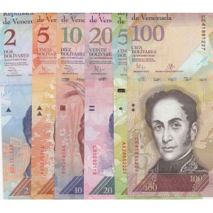 Venezuela, 2 Bolivares, 5 Bolivares, 10 Bolivares, 20 Bolivares, 50 Bolivares, and 100 Bolivares, 2009/2017, UNC, (Total 6 banknotes)
