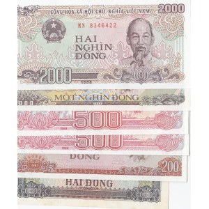 Vietnam, 2 Dong,200 Dong, 500 Dong (2), 1000 Dong and 2000 Dong, 1980/1988, UNC, (Total 6 banknots)
