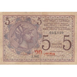 Yugoslavia, 20 Kronen on 5 Dinara, 1919, FINE (+), p16