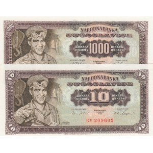 Yugoslavia, 10 Dinara ve 1.000 Dinara, 1963/1965, p75, p78, (Total 2 banknotes)
