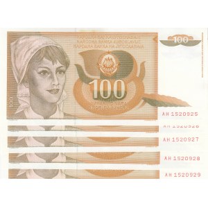 Yugoslavia, 100 Dinara, 1990, UNC, p105, (Total 5 consecutive banknotes)